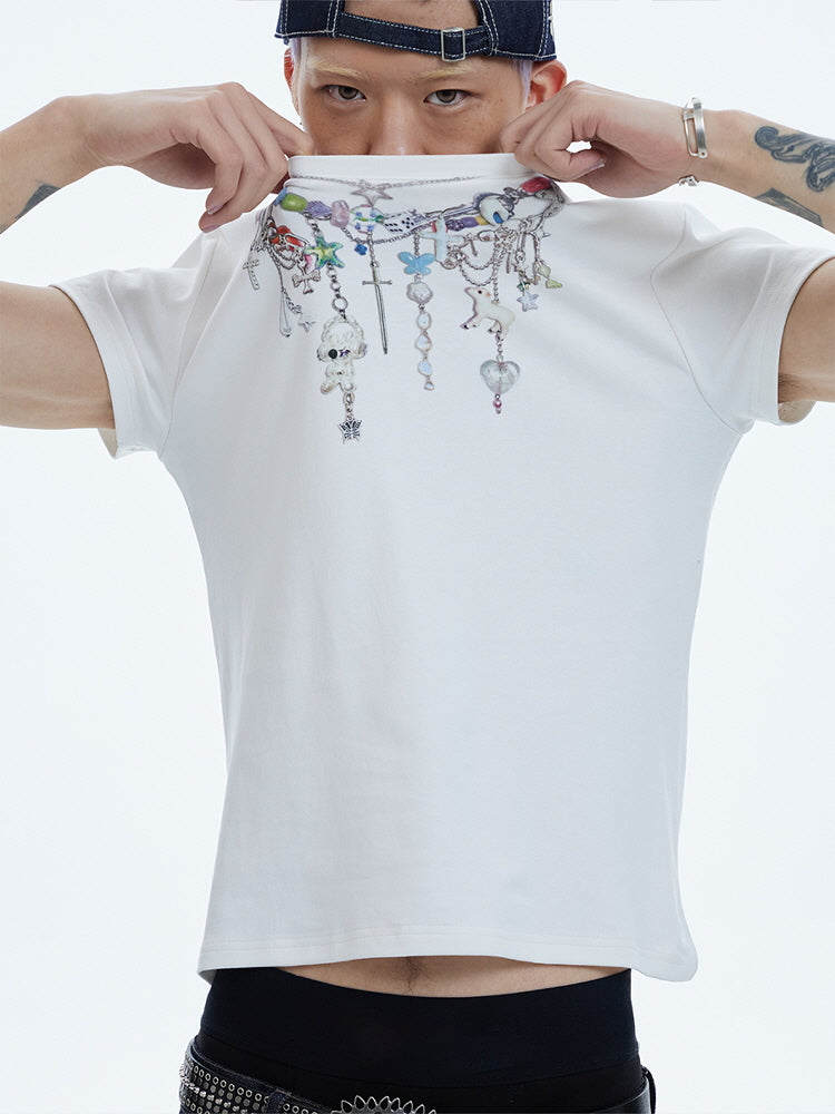 Beaded Charm Necklace Print Tee