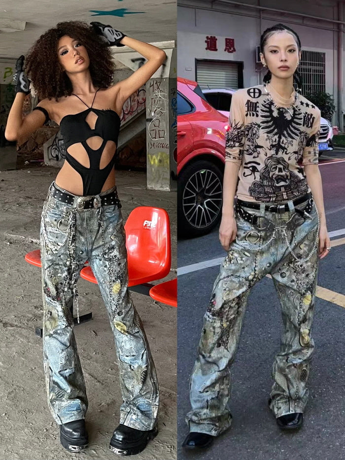 Cyber Grunge Printed Chain Denim Pants