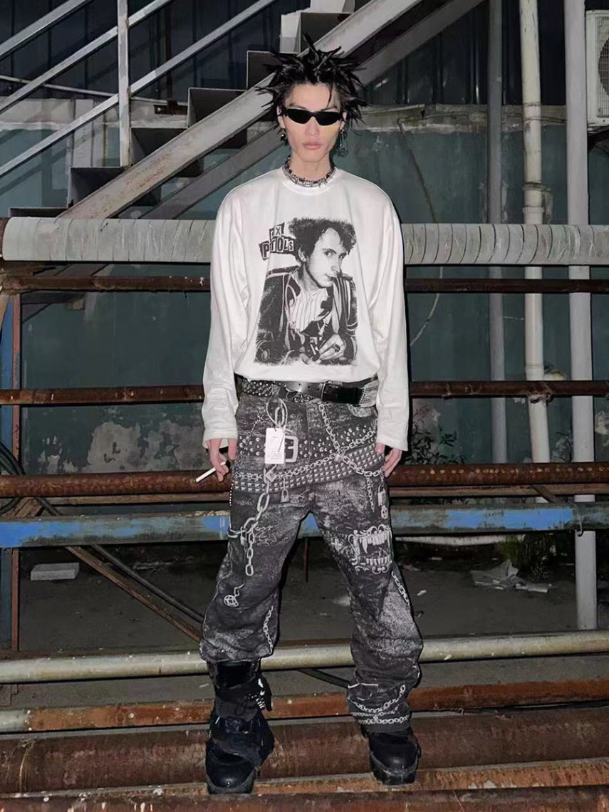 Vampire Chain Printed Wide Denim