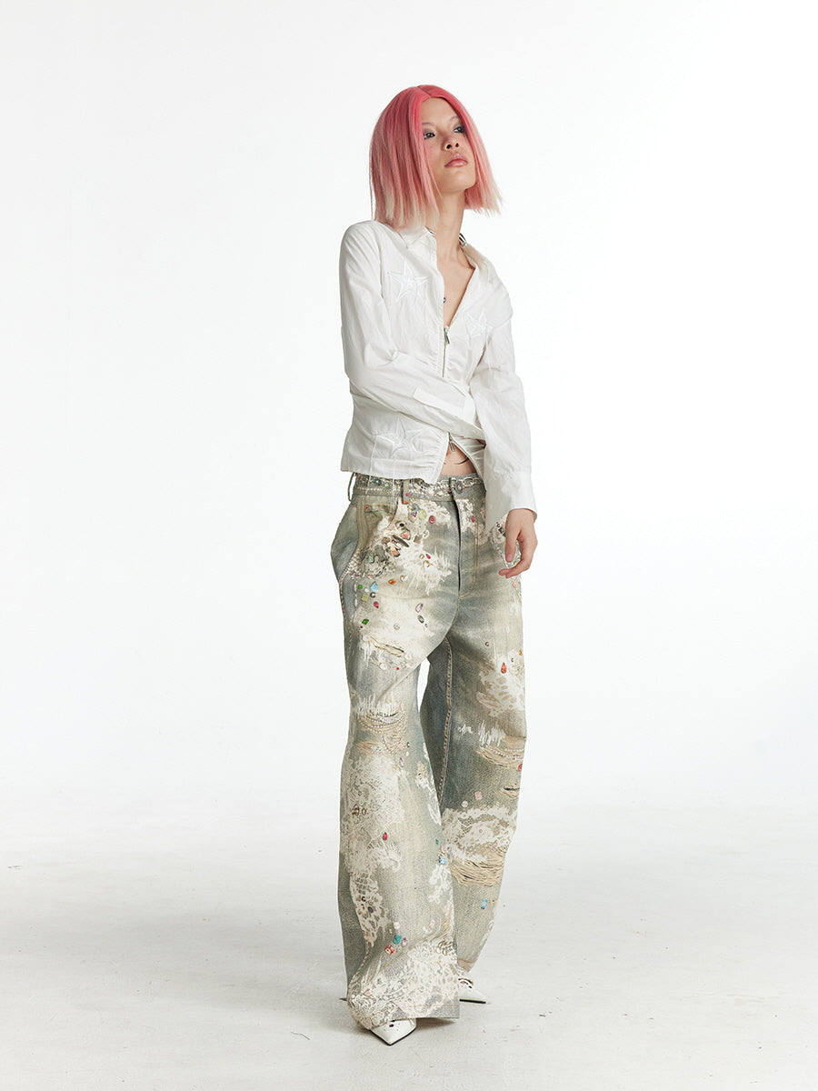 Gem Embellished Lace Patchwork Denim Pants
