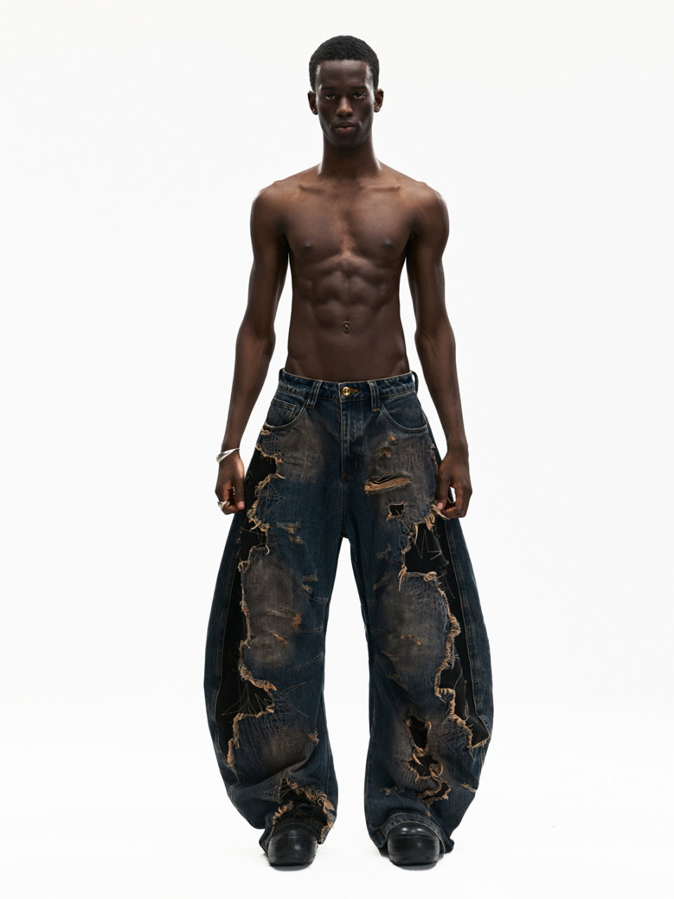 Shattered Patchwork Wide-Leg Denim Pants