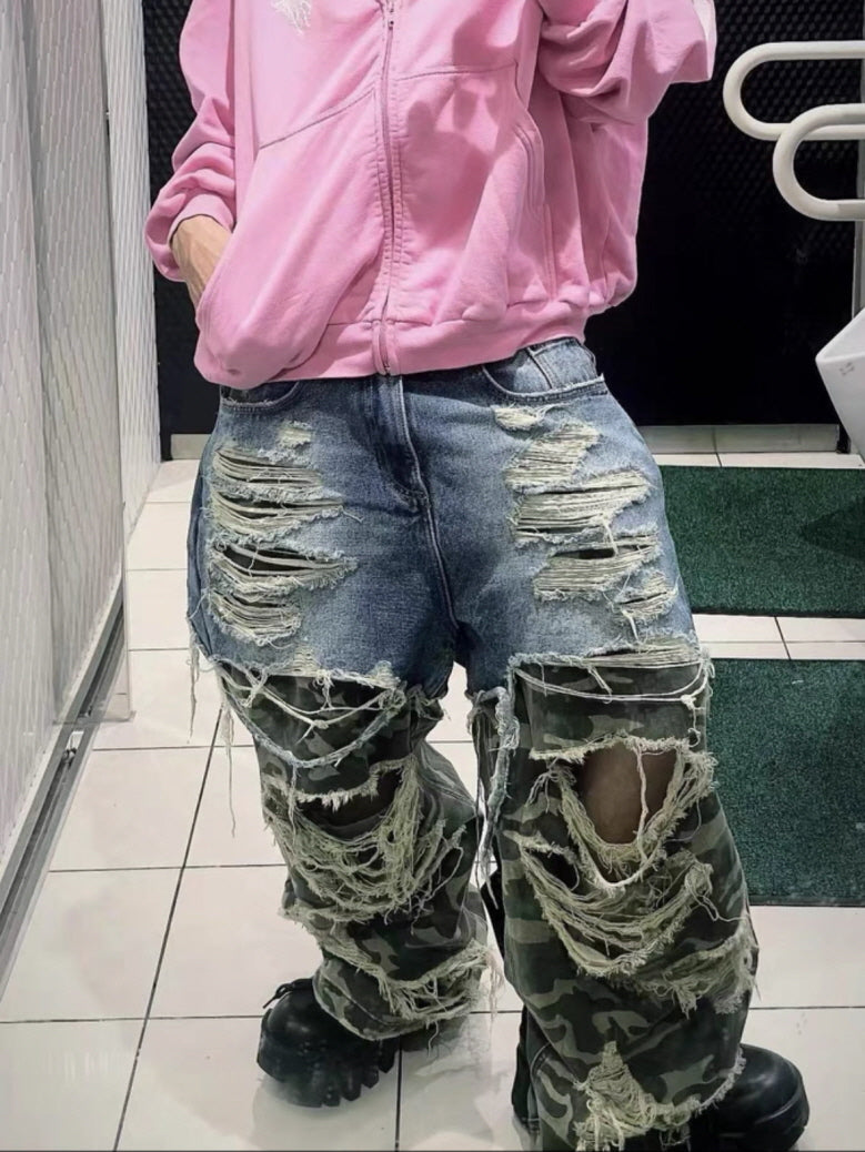 Patchwork Camo & Denim Extreme Distressed Wide Pants