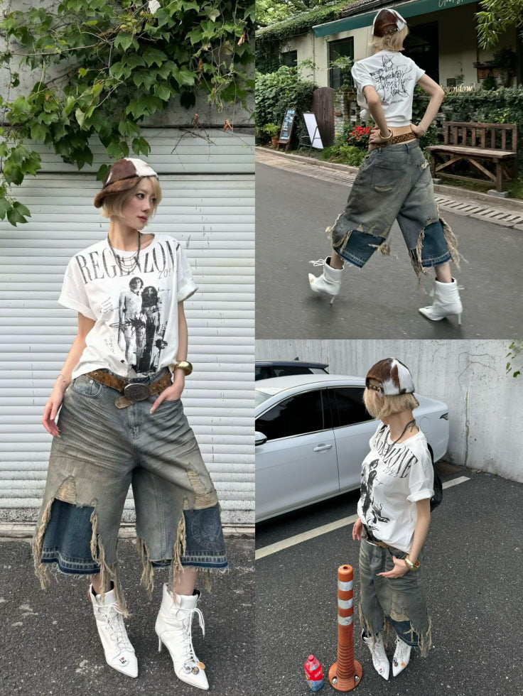 Fringe Destroyed Wide Denim Shorts