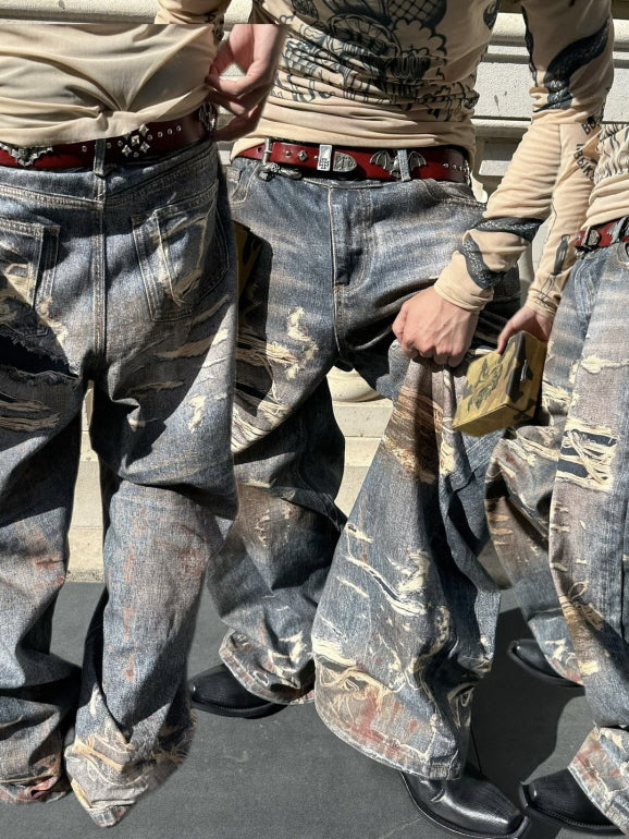 Extreme Distressed Paint-Splatter Wide Jeans
