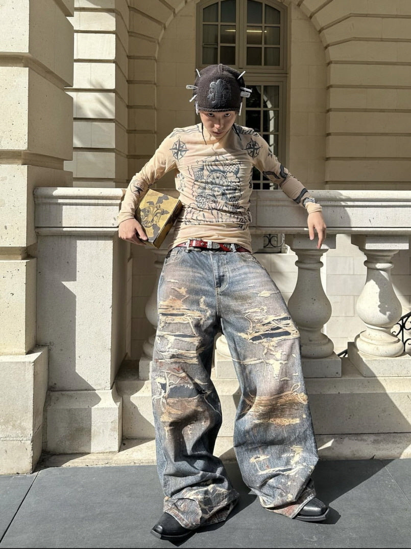 Extreme Distressed Paint-Splatter Wide Jeans