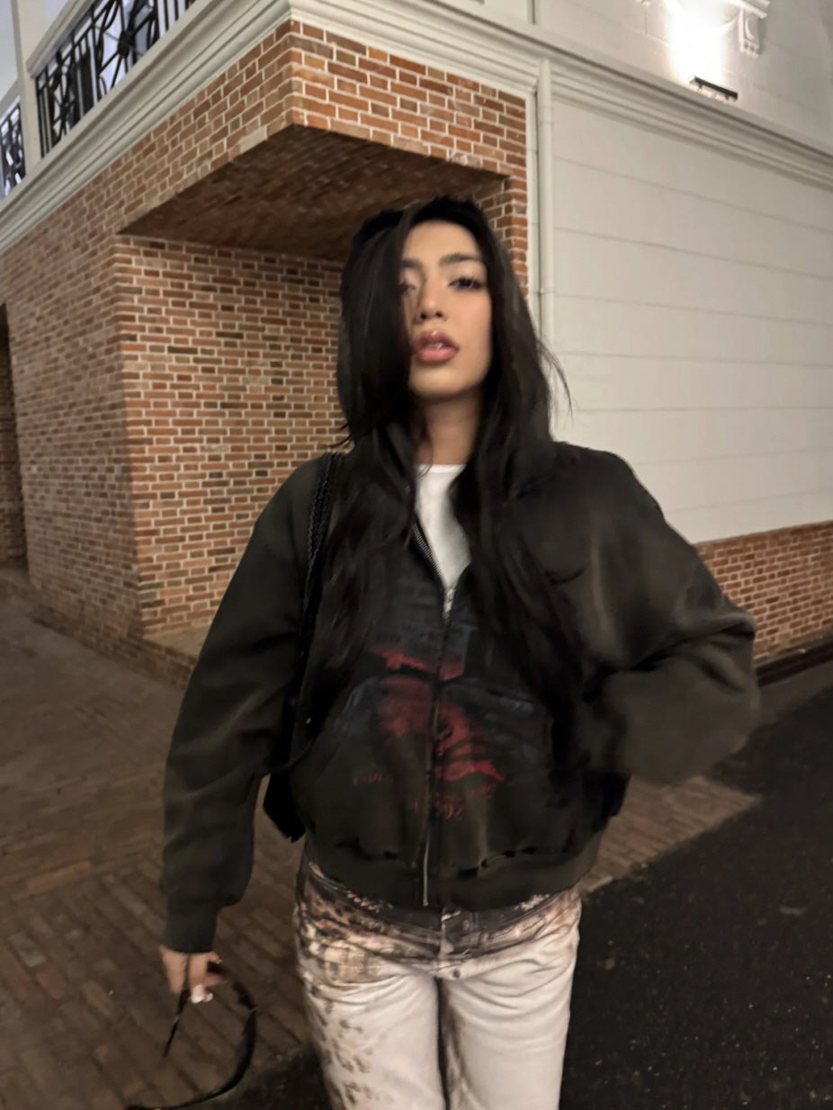 Distressed Zip-Up Hoodie with Faded Graphic