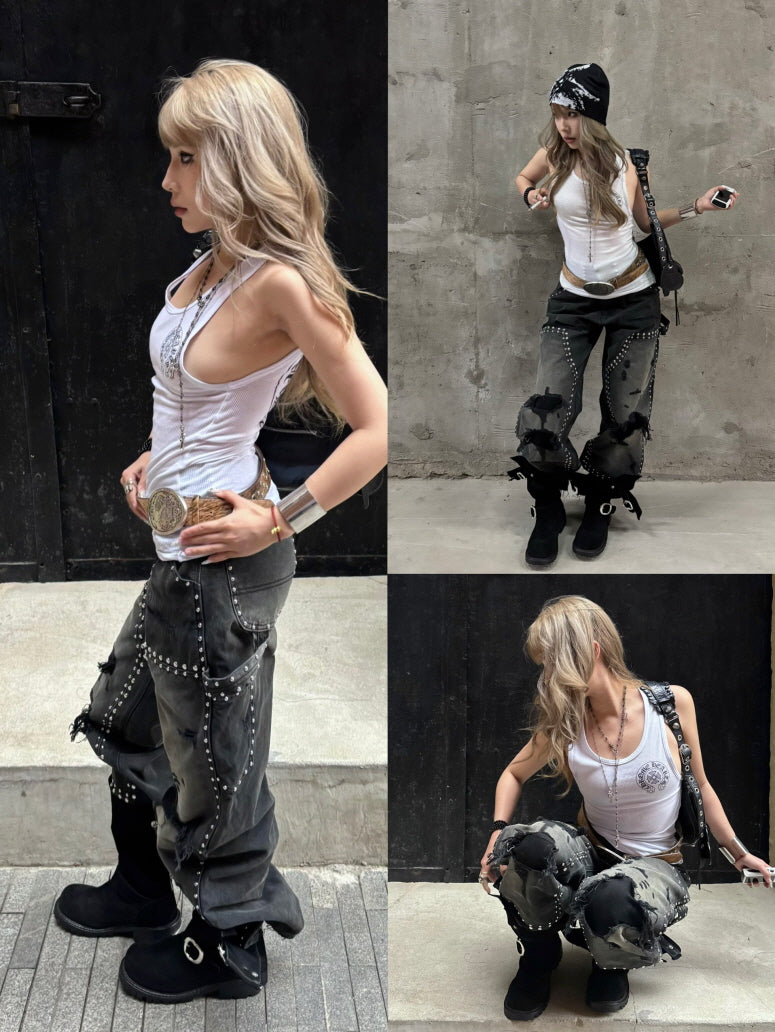 Studded Distressed Wide-Leg Jeans