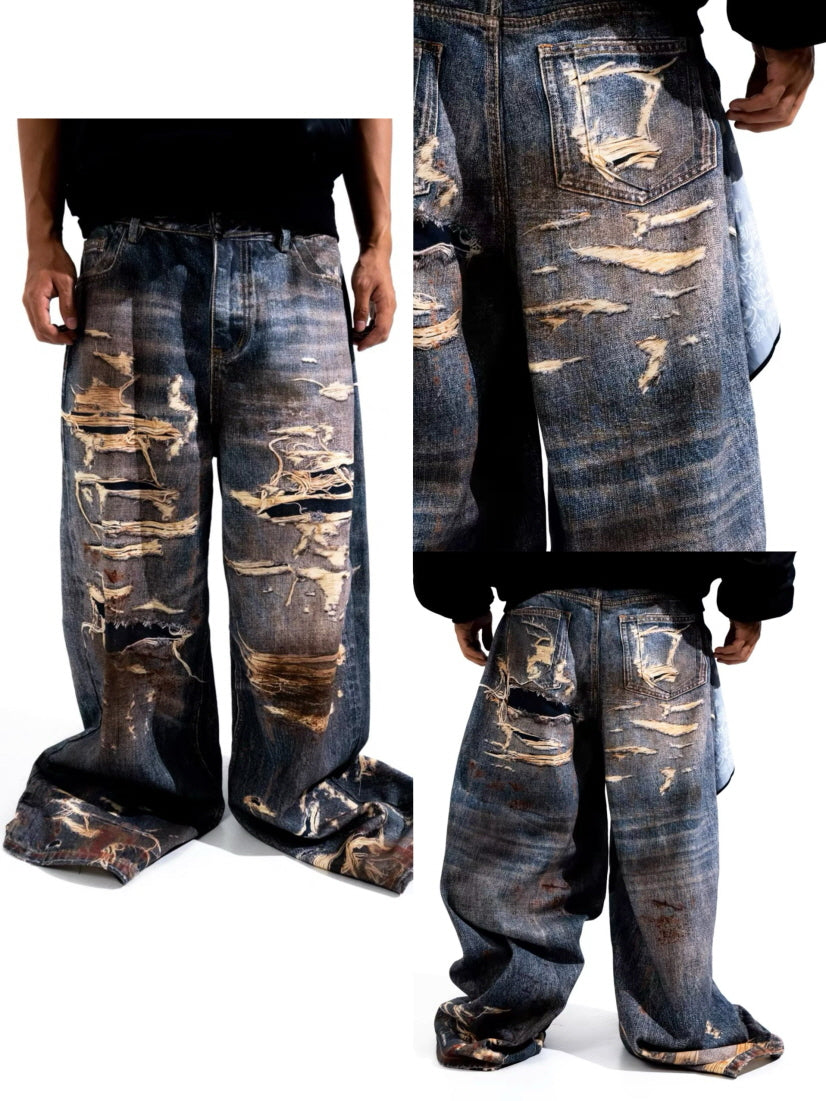Extreme Distressed Paint-Splatter Wide Jeans