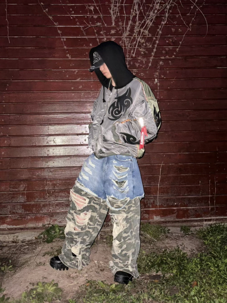 Patchwork Camo & Denim Extreme Distressed Wide Pants