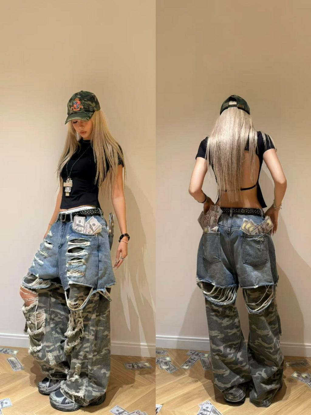 Patchwork Camo & Denim Extreme Distressed Wide Pants