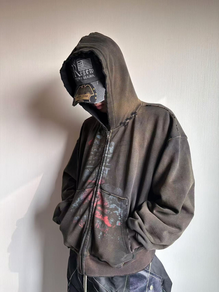 Distressed Zip-Up Hoodie with Faded Graphic