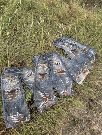 Extreme Distressed Paint-Splatter Wide Jeans