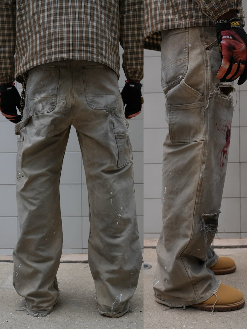 Distressed Workwear Pants with Red Graphic Print