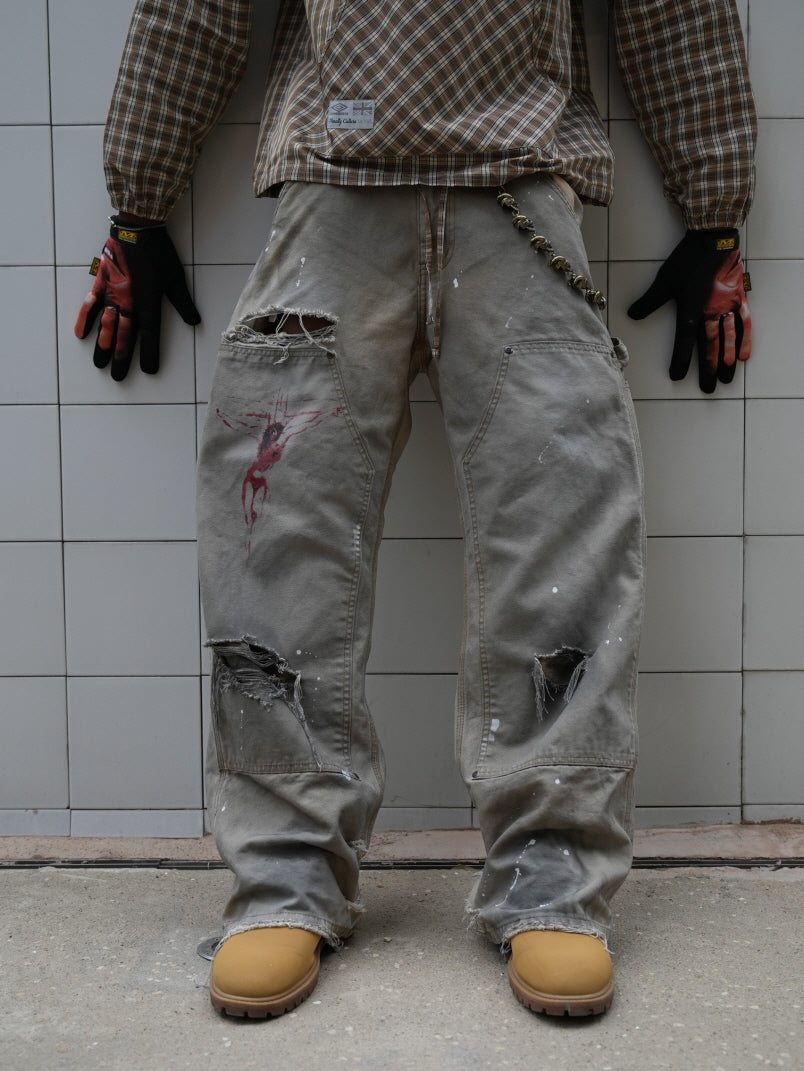 Distressed Workwear Pants with Red Graphic Print