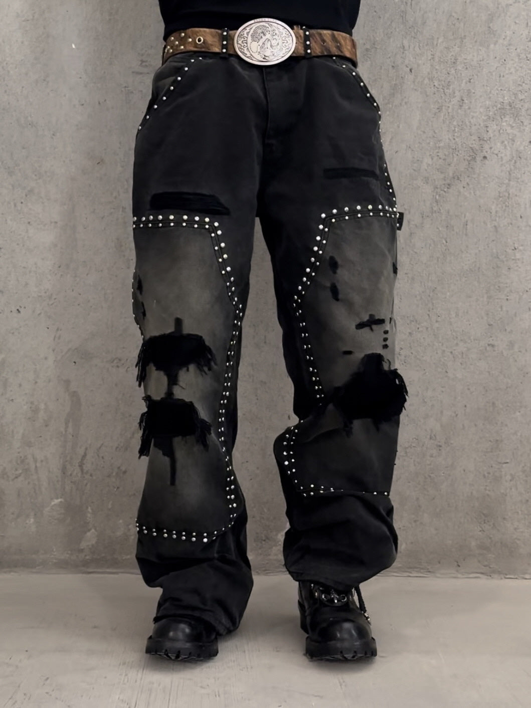 Studded Distressed Wide-Leg Jeans