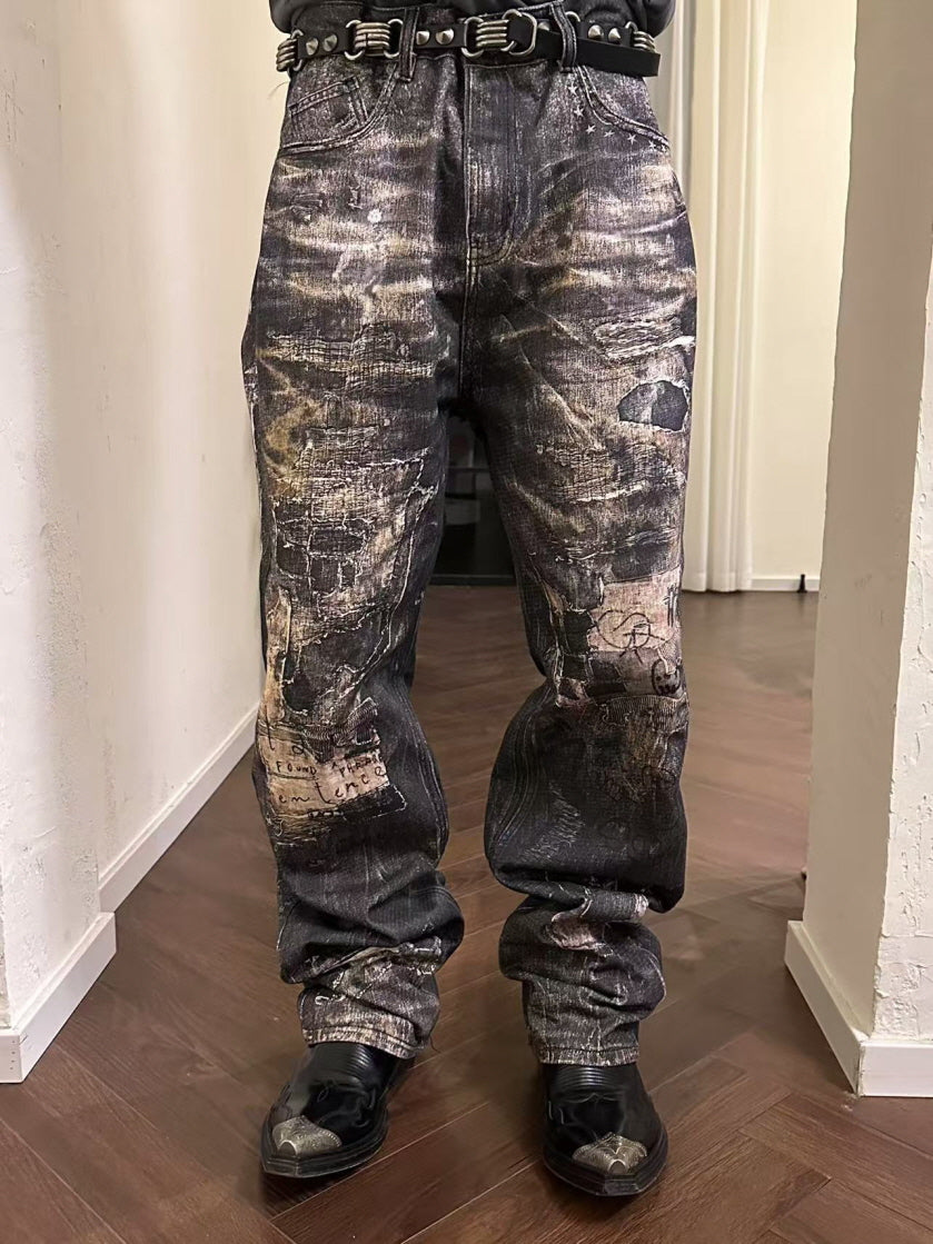 Distressed Vintage Art Patchwork Denim Pants