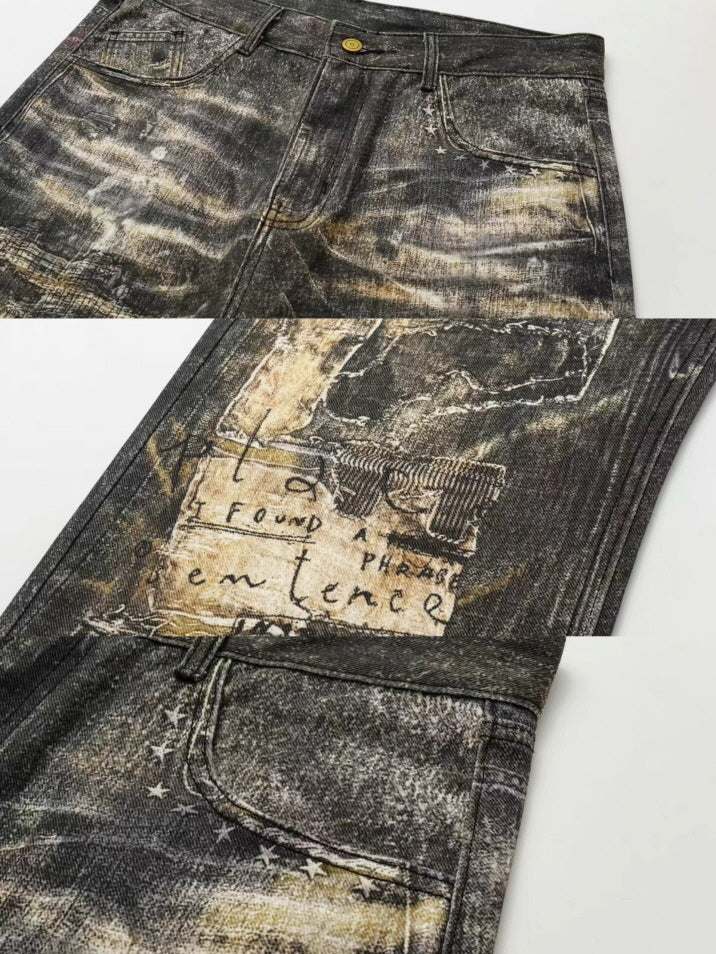 Distressed Vintage Art Patchwork Denim Pants