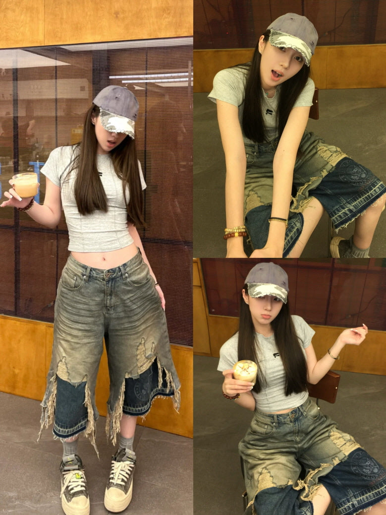 Fringe Destroyed Wide Denim Shorts