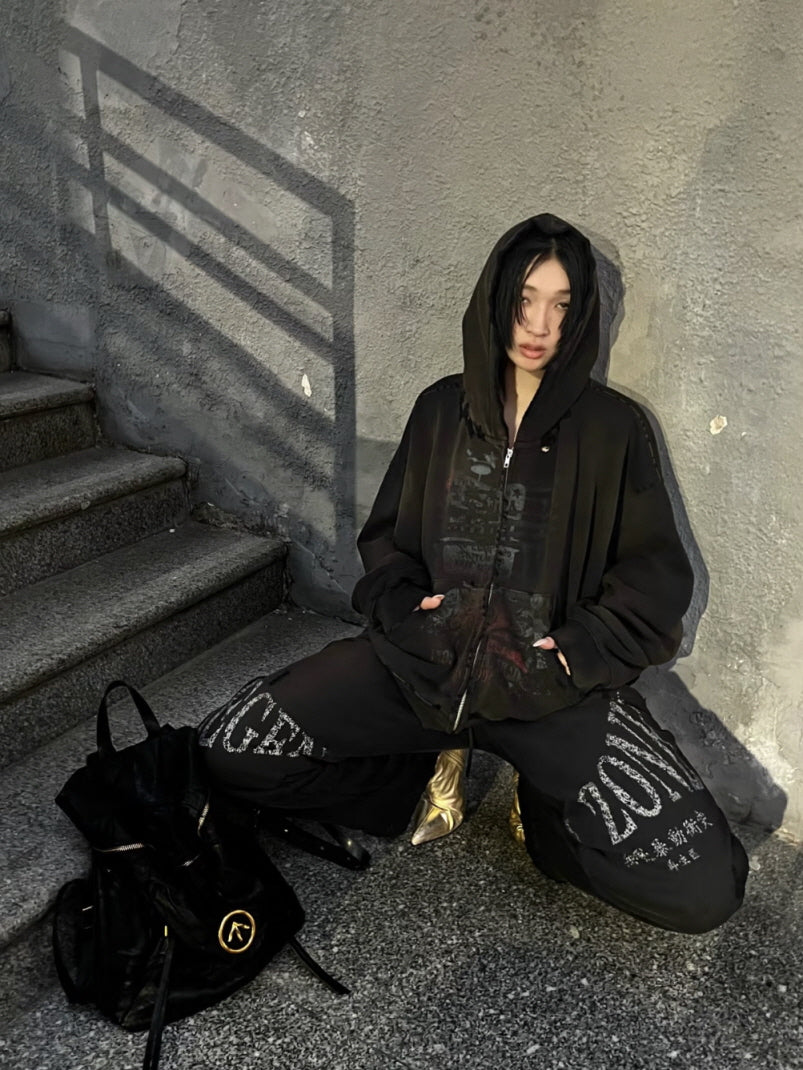Distressed Zip-Up Hoodie with Faded Graphic
