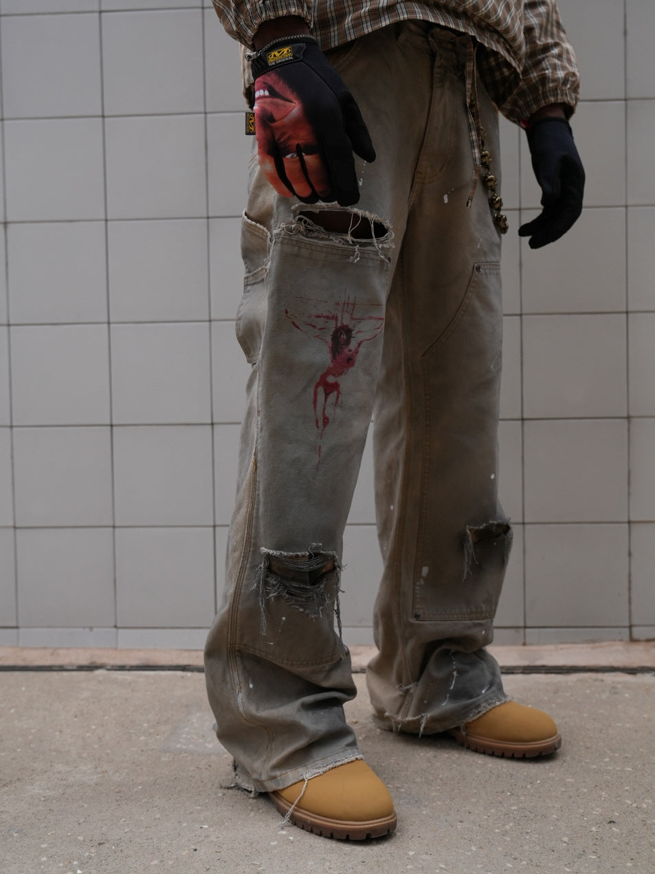 Distressed Workwear Pants with Red Graphic Print