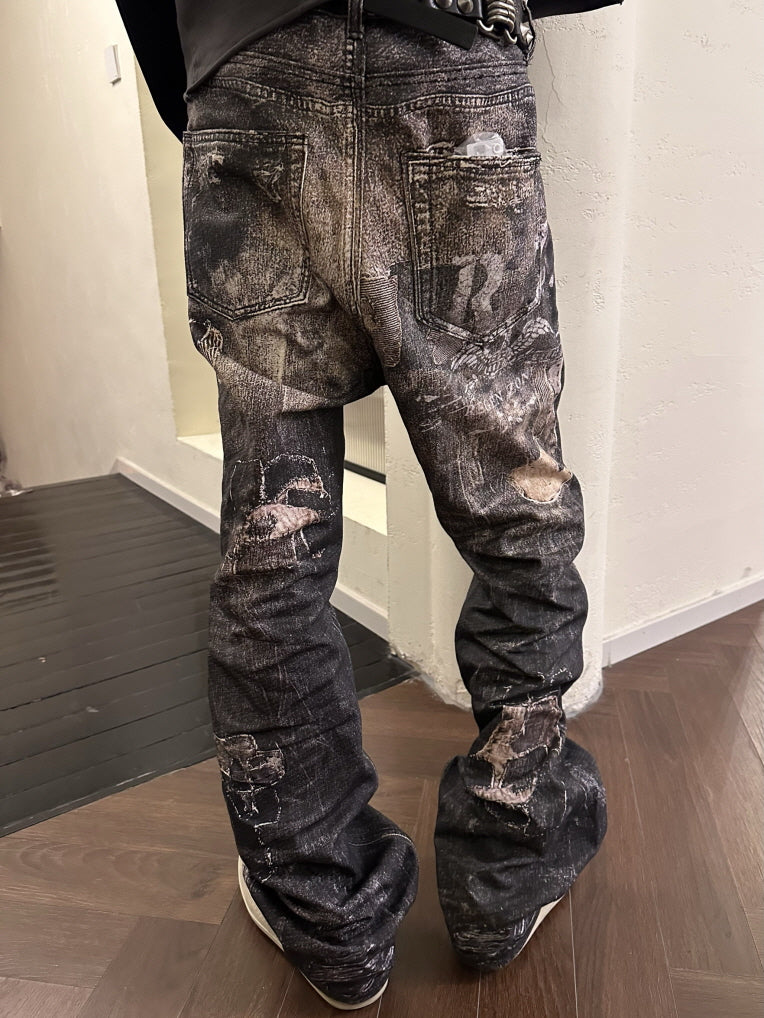 Distressed Vintage Art Patchwork Denim Pants