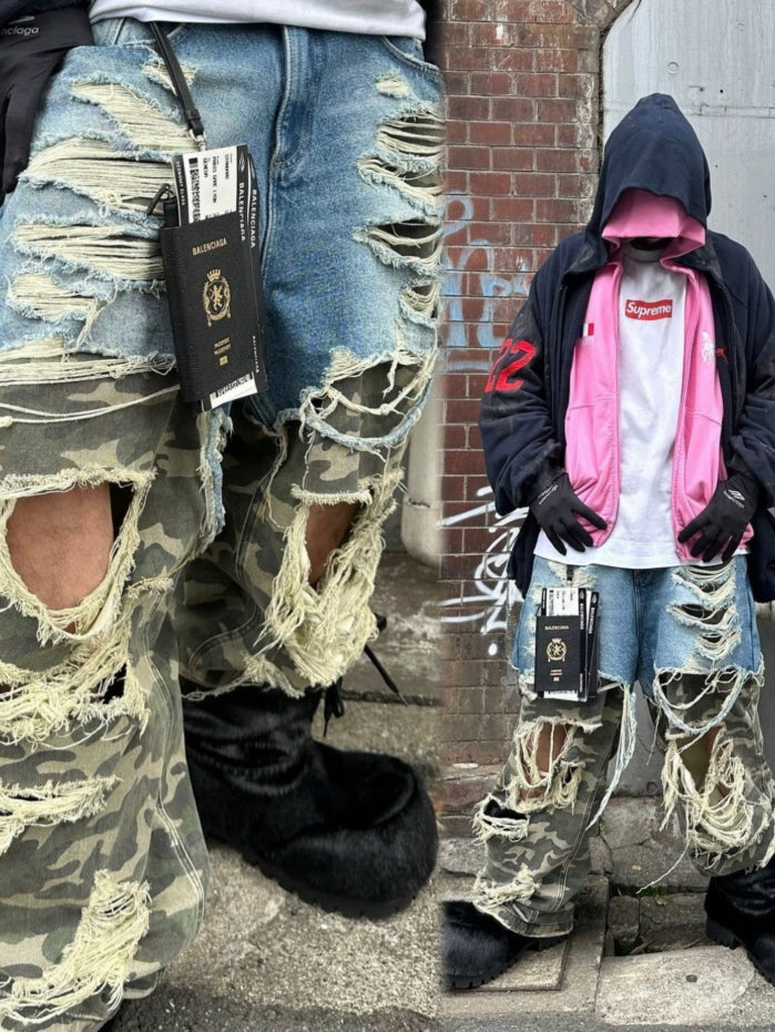 Patchwork Camo & Denim Extreme Distressed Wide Pants