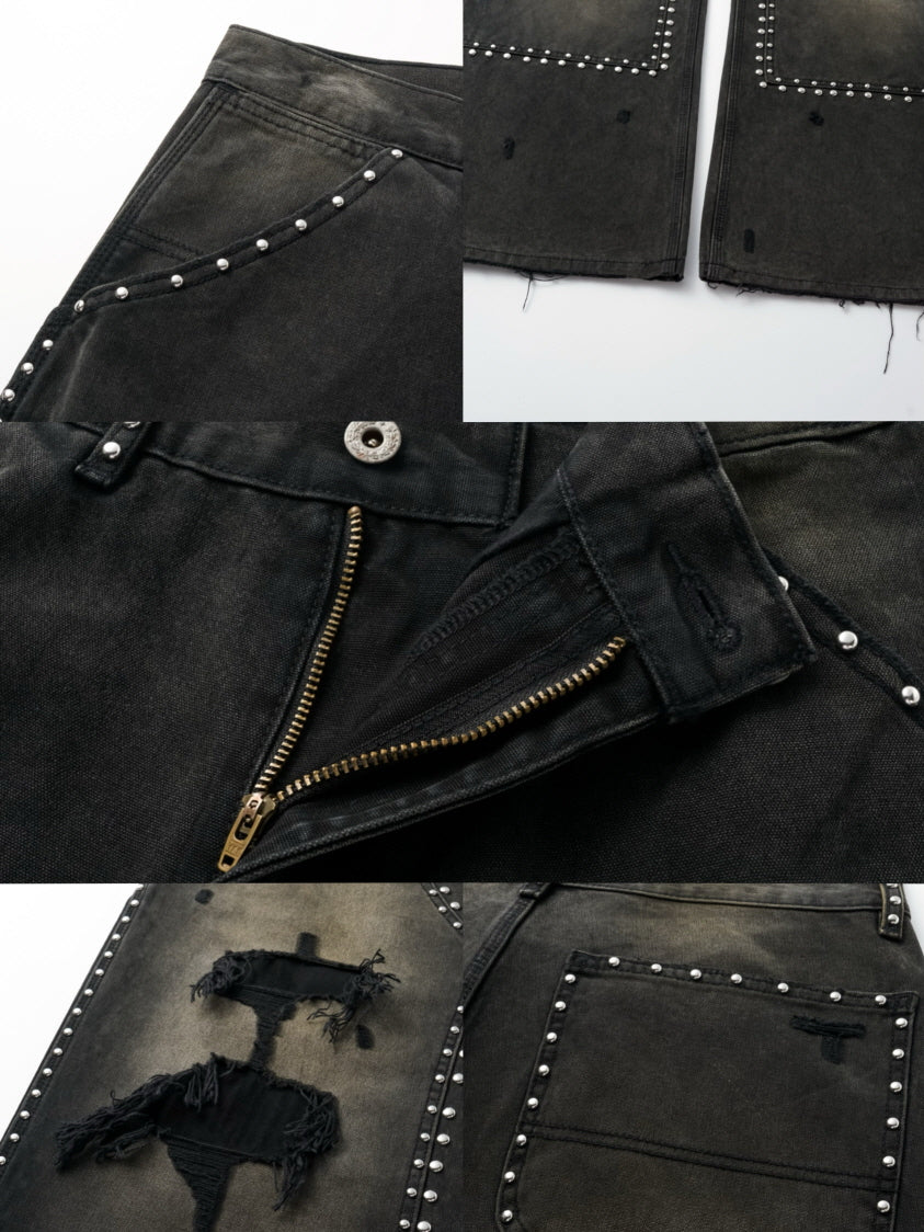 Studded Distressed Wide-Leg Jeans
