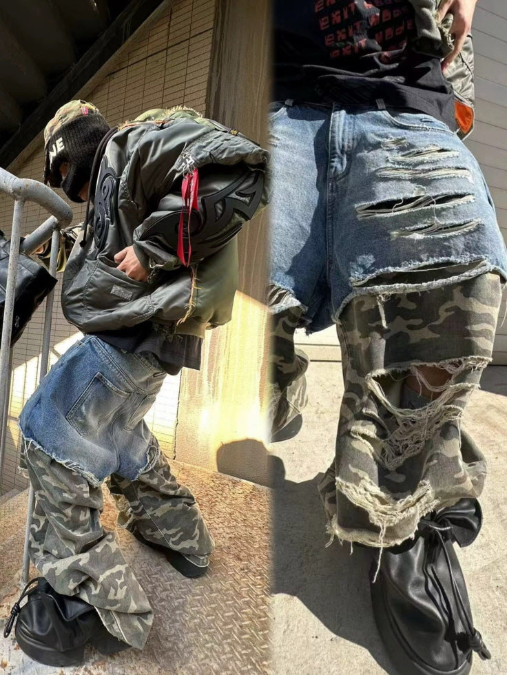 Patchwork Camo & Denim Extreme Distressed Wide Pants