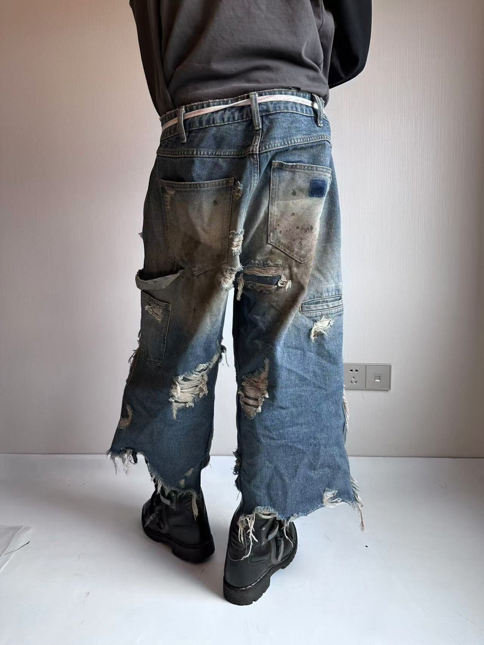 Extreme Distressed Wide-Leg Denim Shorts