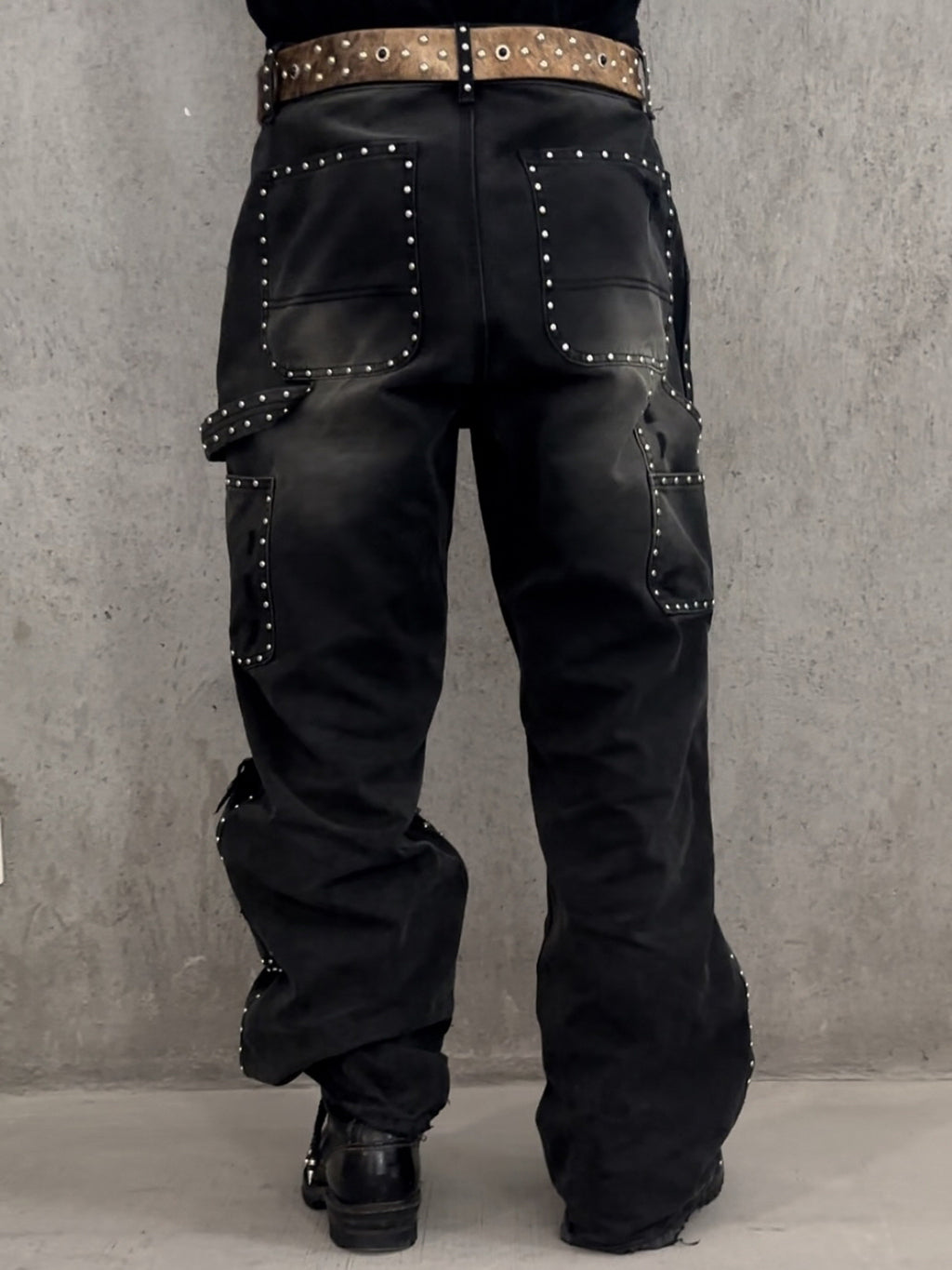 Studded Distressed Wide-Leg Jeans
