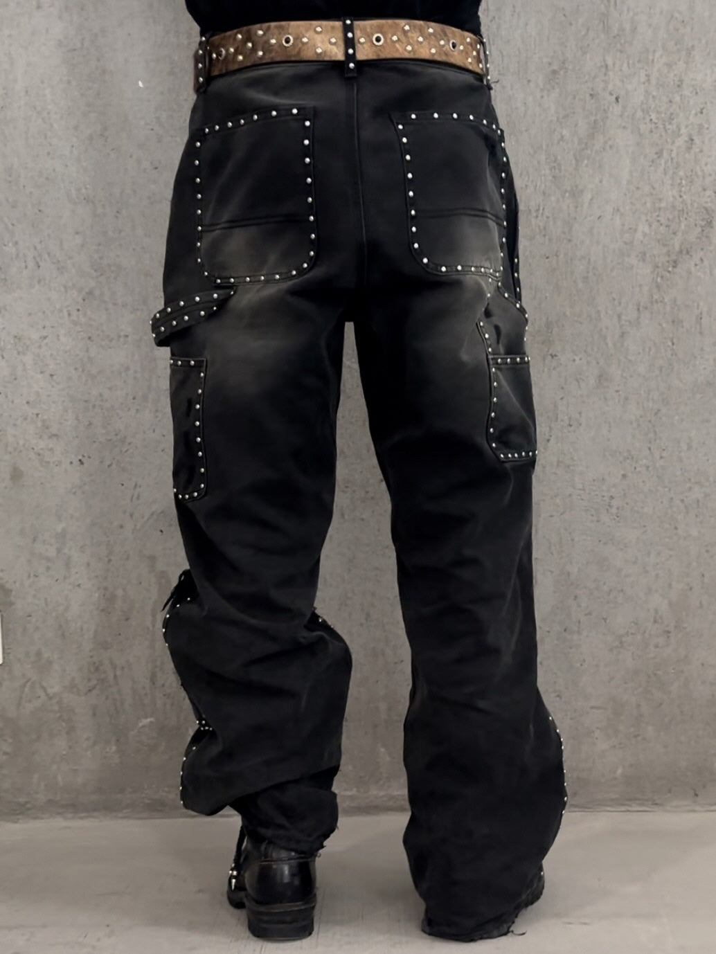 Studded Distressed Wide-Leg Jeans