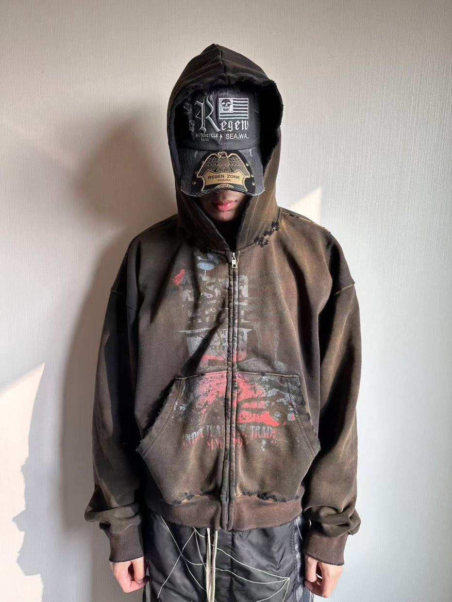 Distressed Zip-Up Hoodie with Faded Graphic