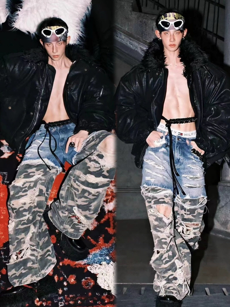 Patchwork Camo & Denim Extreme Distressed Wide Pants