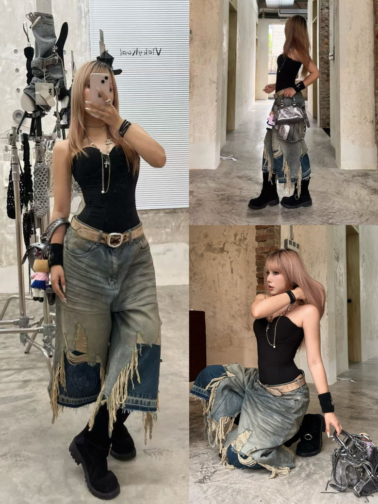 Fringe Destroyed Wide Denim Shorts