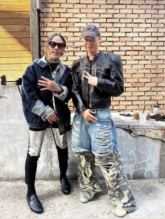 Patchwork Camo & Denim Extreme Distressed Wide Pants
