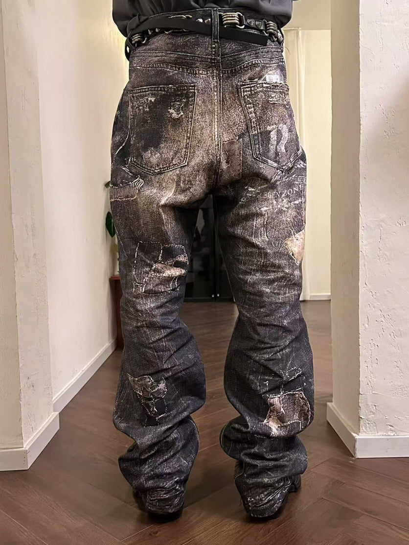 Distressed Vintage Art Patchwork Denim Pants