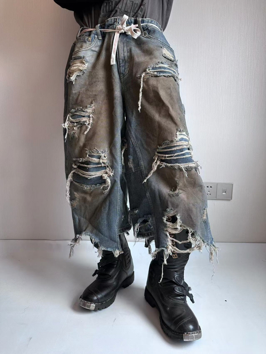 Extreme Distressed Wide-Leg Denim Shorts