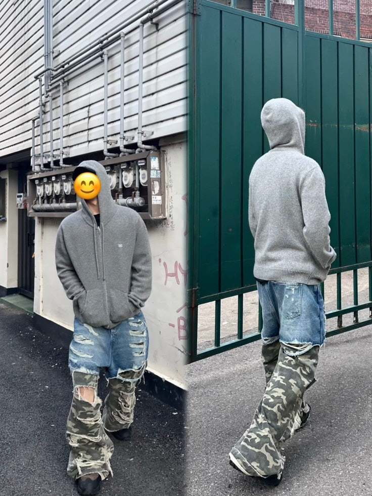 Patchwork Camo & Denim Extreme Distressed Wide Pants