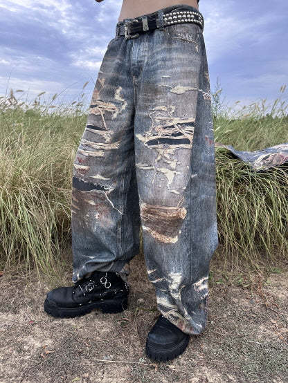 Extreme Distressed Paint-Splatter Wide Jeans