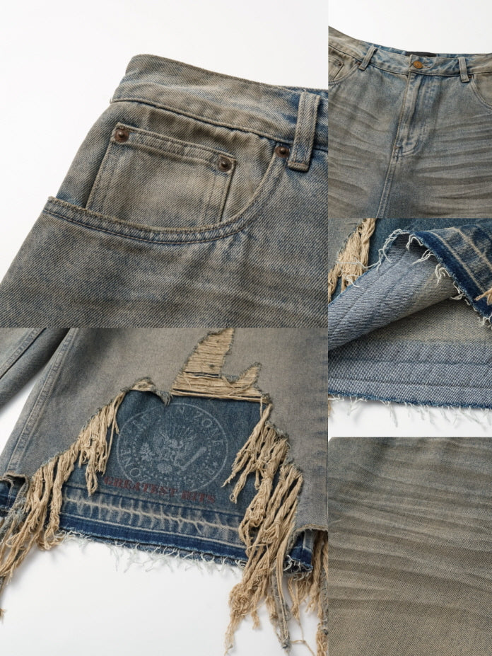 Fringe Destroyed Wide Denim Shorts