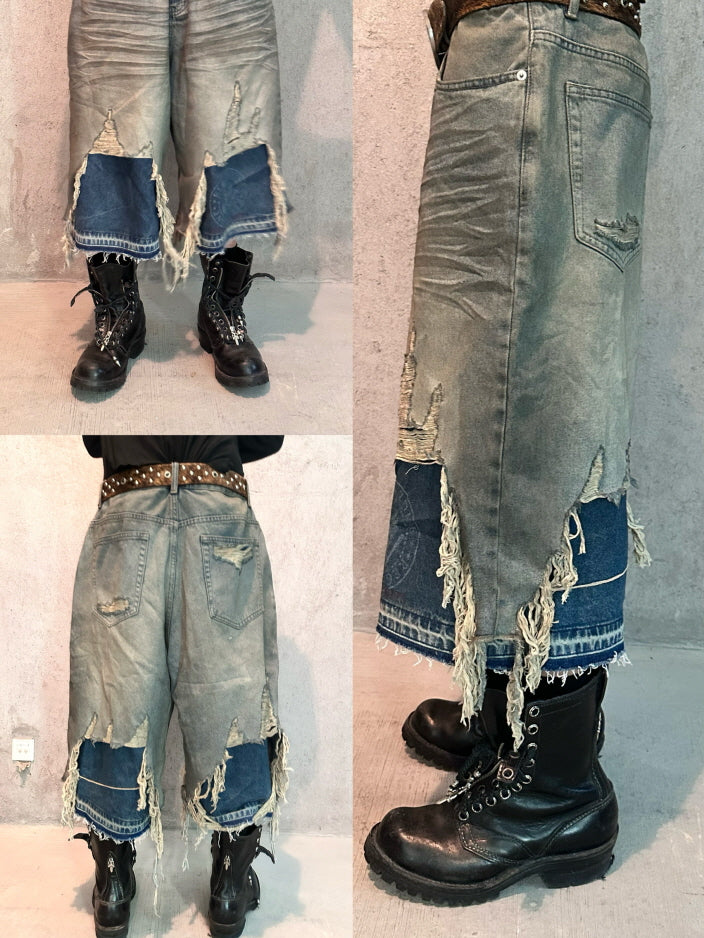 Fringe Destroyed Wide Denim Shorts