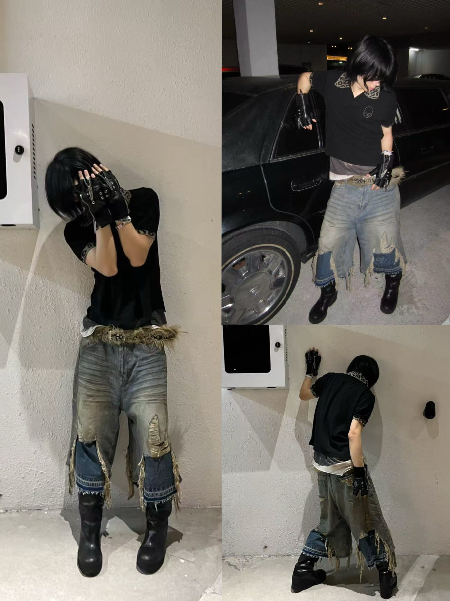 Fringe Destroyed Wide Denim Shorts