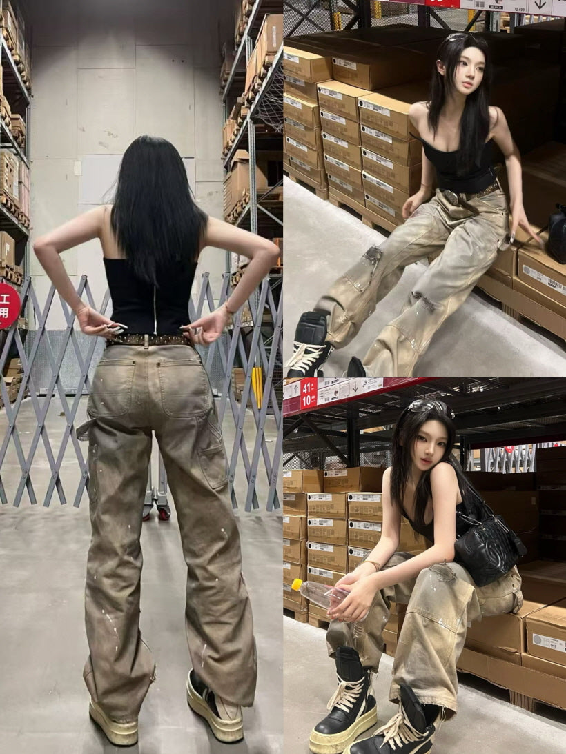 Distressed Workwear Pants with Red Graphic Print