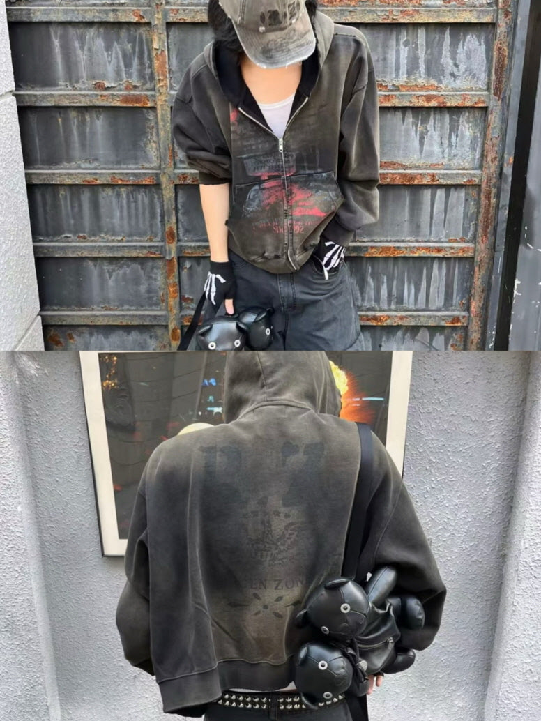 Distressed Zip-Up Hoodie with Faded Graphic