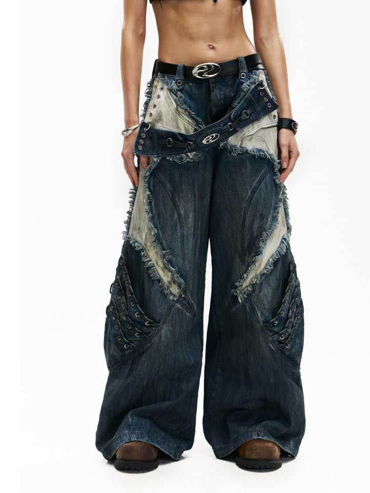 Frayed Lace-Up Panel Denim Pants