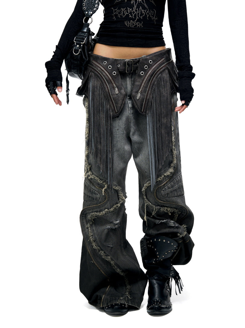 Fringe Belted Flare Cargo Pants Set