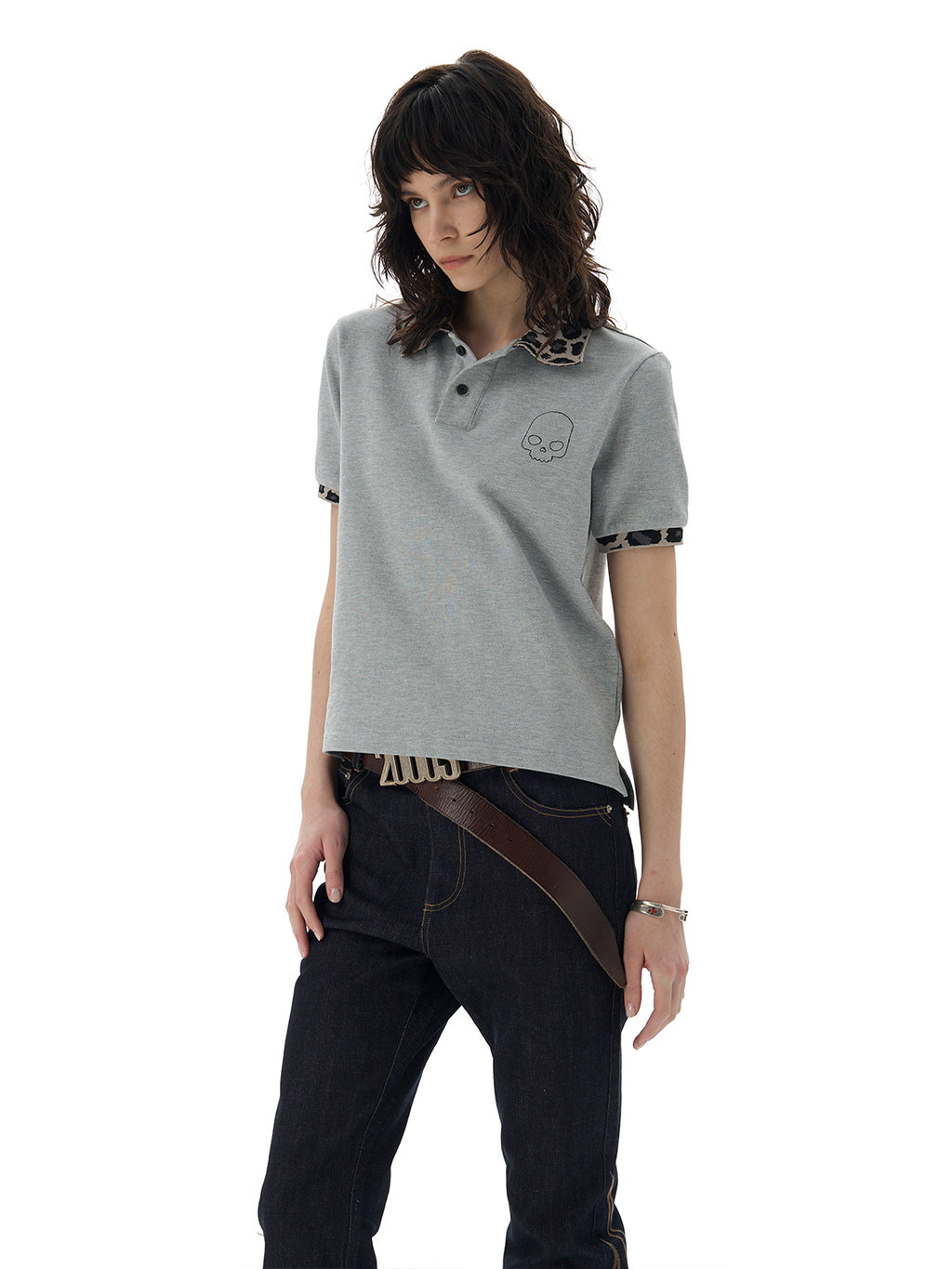 Leopard Collar Skull Embroidery Polo Shirt