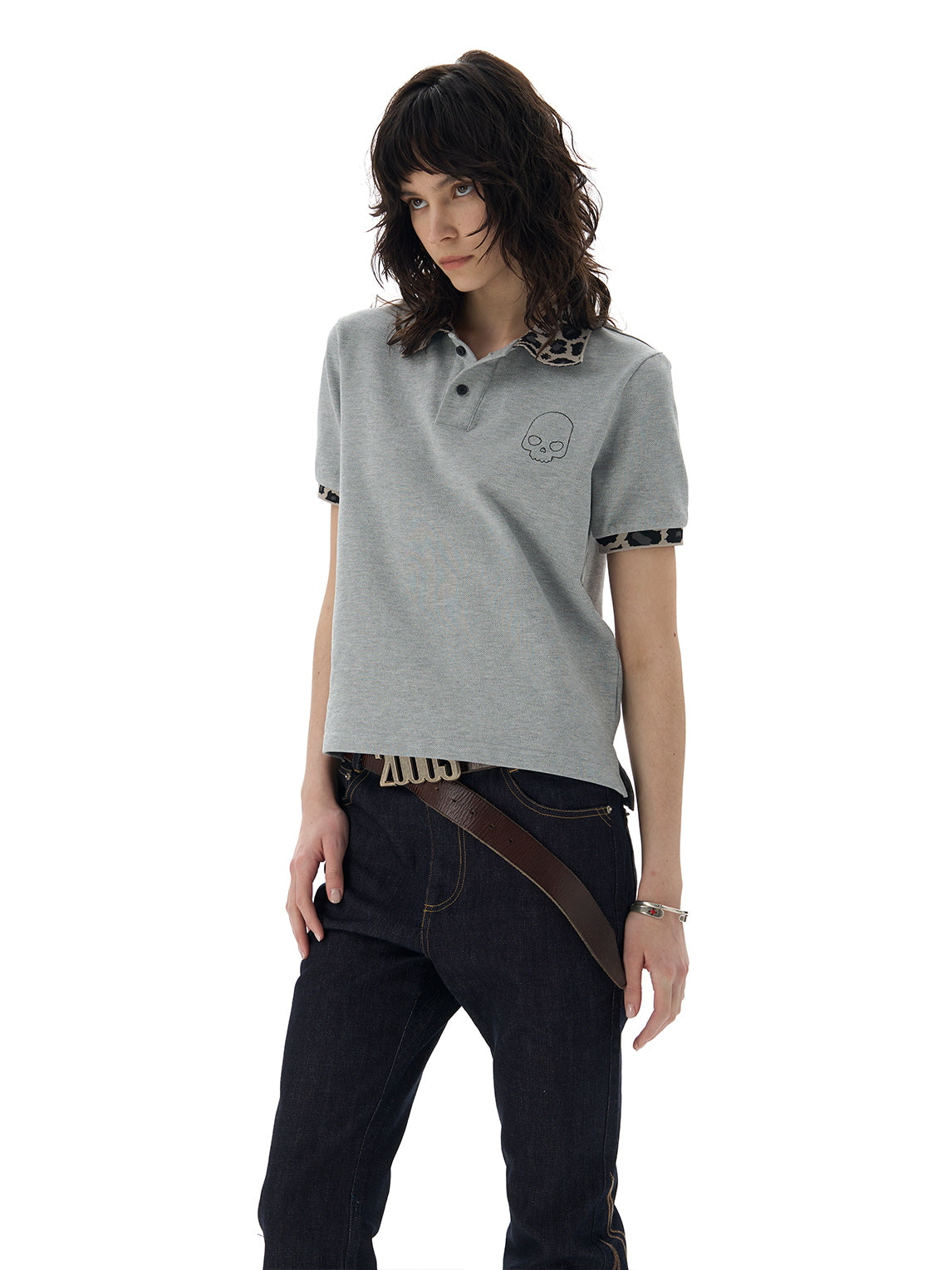 Leopard Collar Skull Embroidery Polo Shirt
