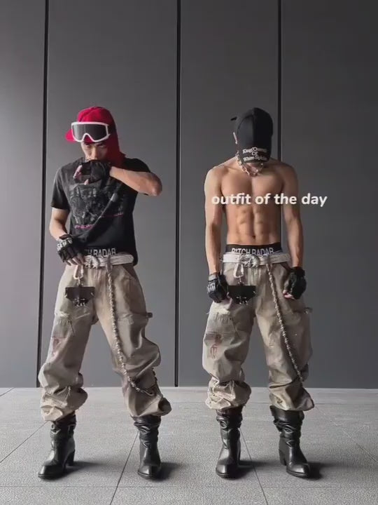 Distressed Workwear Pants with Red Graphic Print