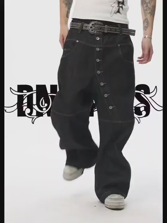 Asymmetric Button Wide-Leg Denim Pants